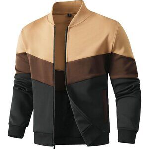 Men's 01 Khaki/Brown/Black Lightweight Casual Block Varsity Bomber Jacket Coat